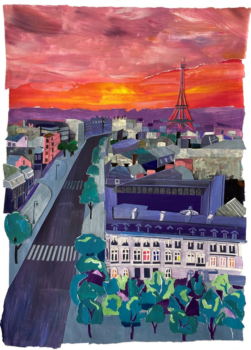Paris at Dusk by Raina Goran, Mixed media (acrylic & collage)