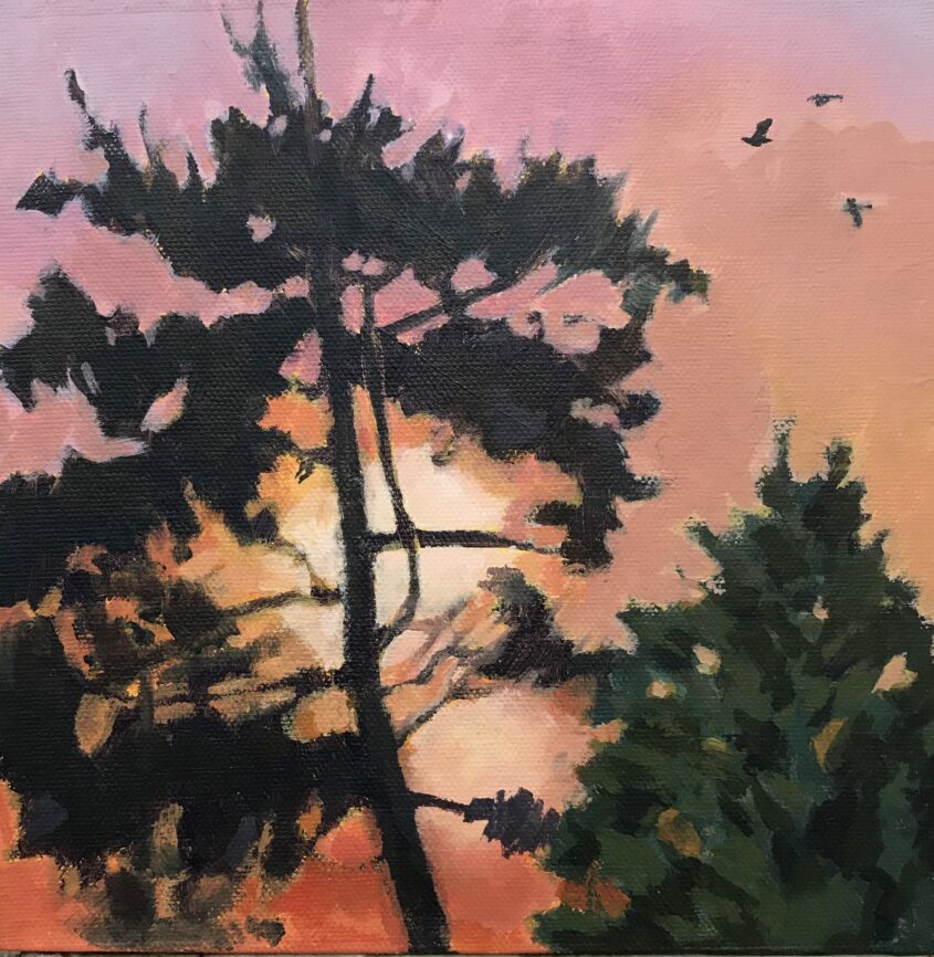 Sunrise through the Pines by Margaret Crutchley, Acrylic on Canvas Board