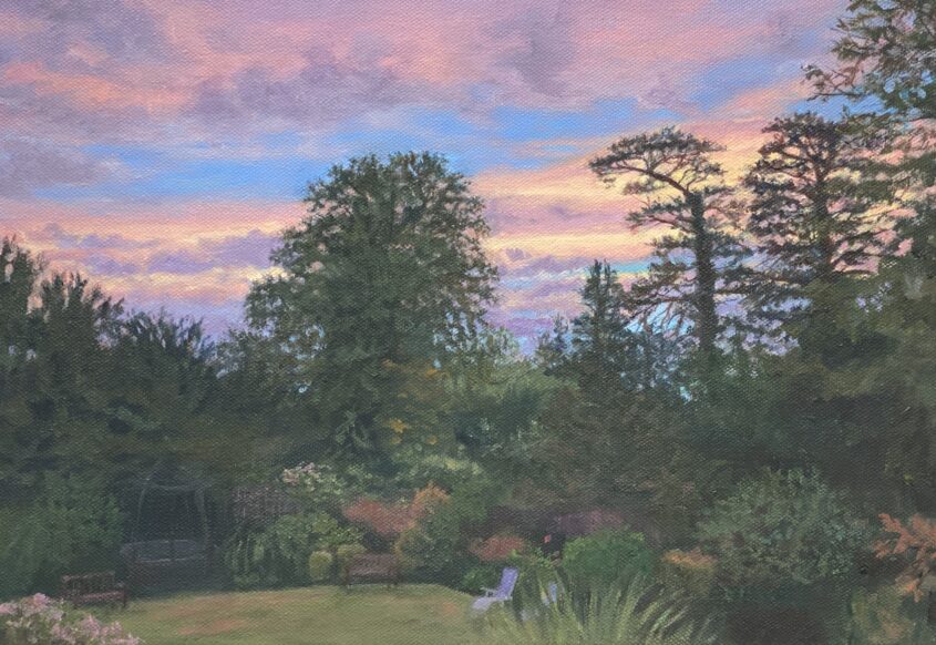 Sunset, view into the garden by Diana Sandetskaya, Oil on canvas