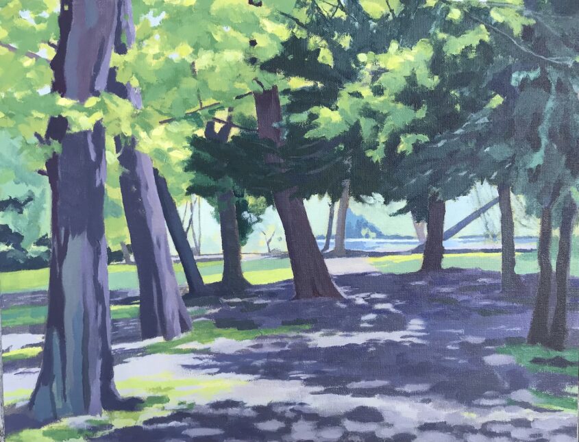 Under the Trees to the Lake  by Margaret Crutchley, Acrylic on Canvas Board