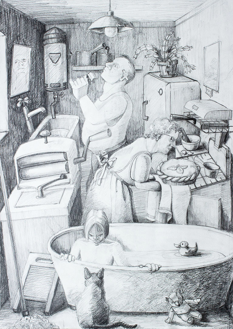 Bath Day in Scullery by Hilary Vernon-Smith, Graphite on paper