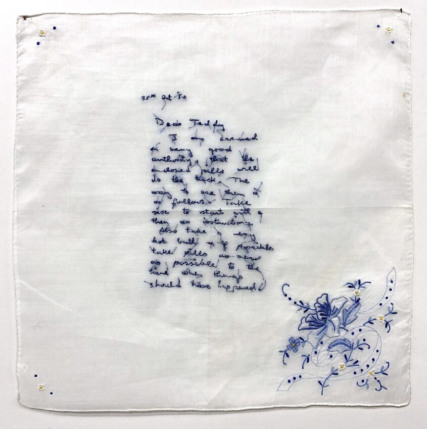 Letter from my father by Hilary Vernon-Smith, Embroidery on vintage handkerchief 