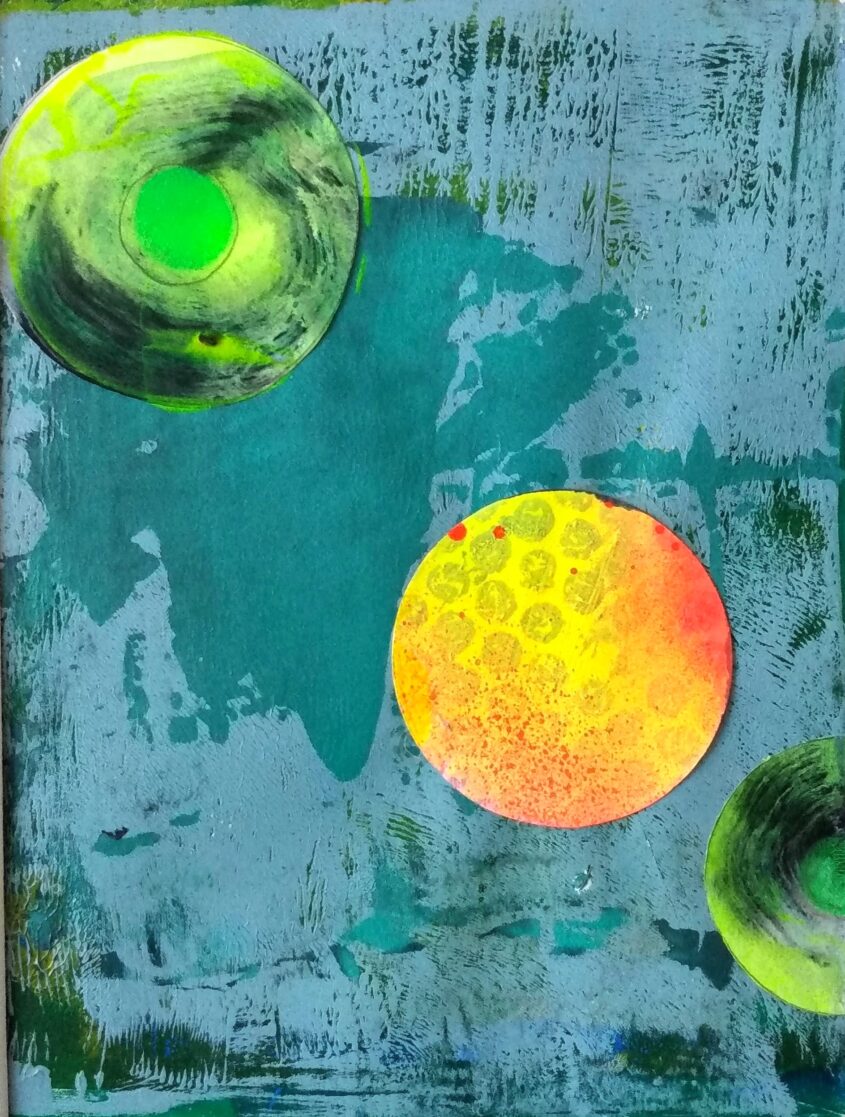 Moon Collage One by Melissa Harris, silkscreen print on 200mg cartridge paper, printed paper and acrylic paints