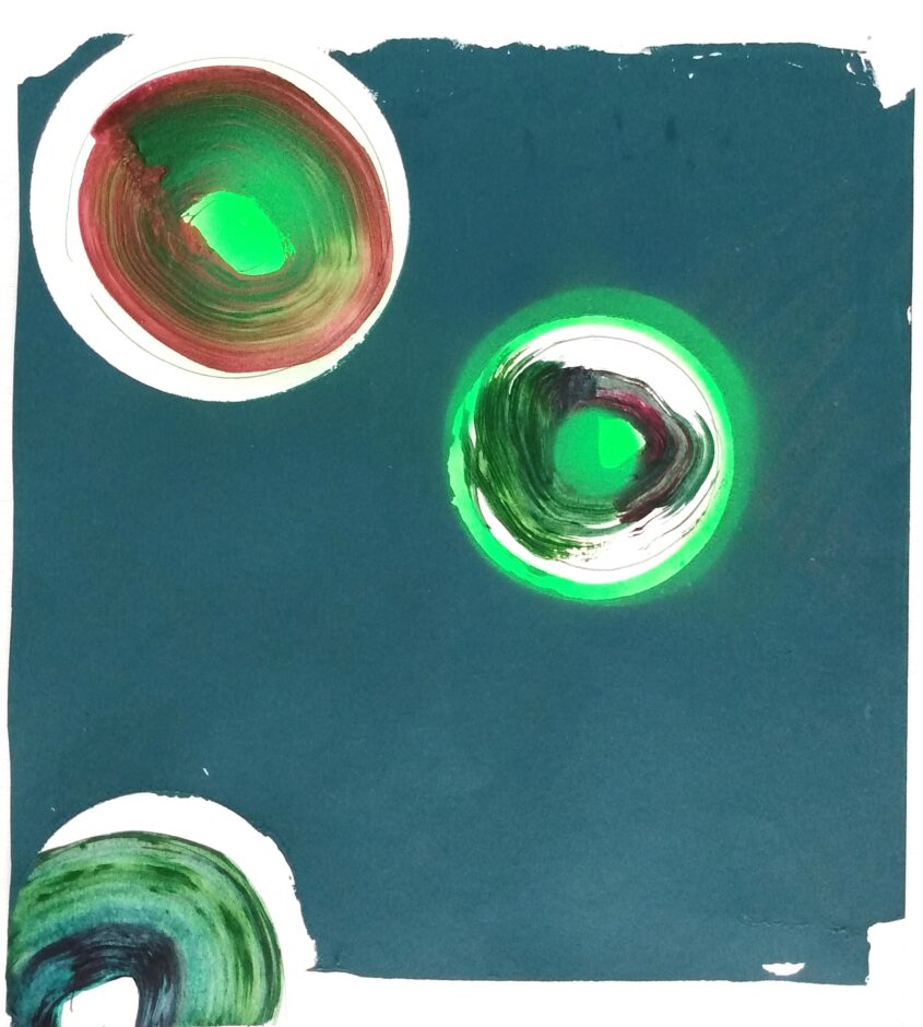 Green Moons by Melissa Harris, Silkscreen print, acrylics and ink