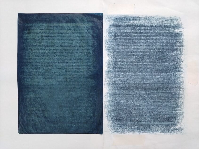 Pen Pusher by Sarah D’Souza, A3 copier paper, blue carbon paper