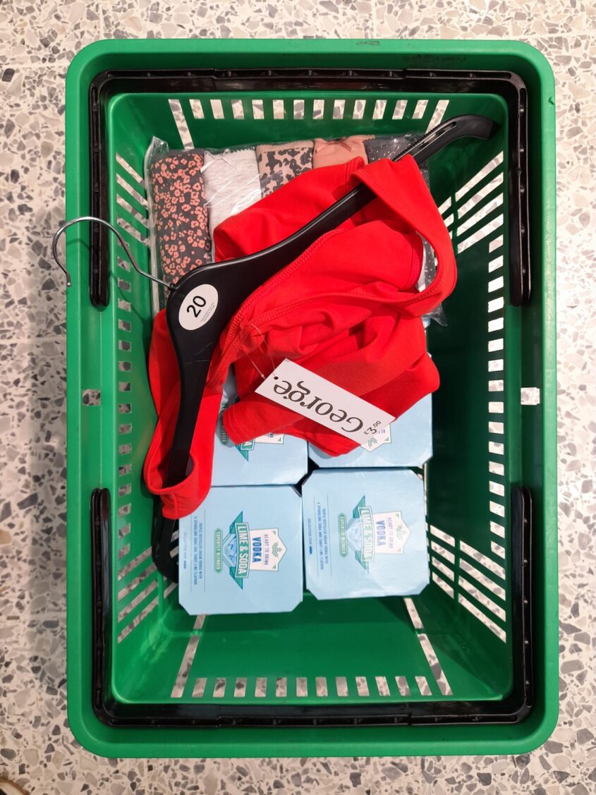 Self-Scan by Sarah D’Souza, 20 photographs of found self-scan till receipts and 20 photographs of shopping baskets recreated from them